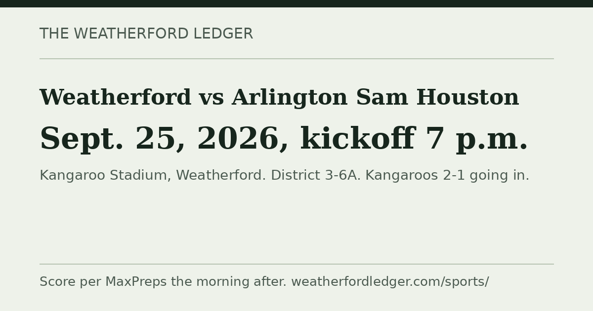 Weatherford vs Arlington Sam Houston: Sept. 25, 2026, 7 p.m.