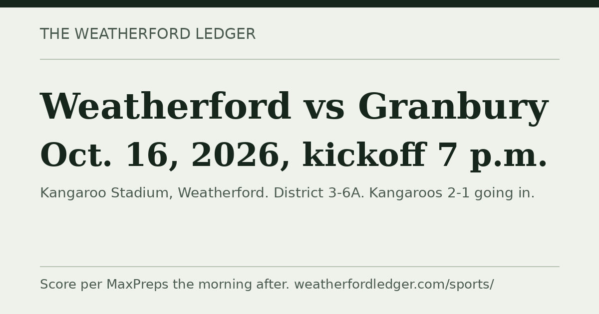 Weatherford vs Granbury: Oct. 16, 2026, 7 p.m.